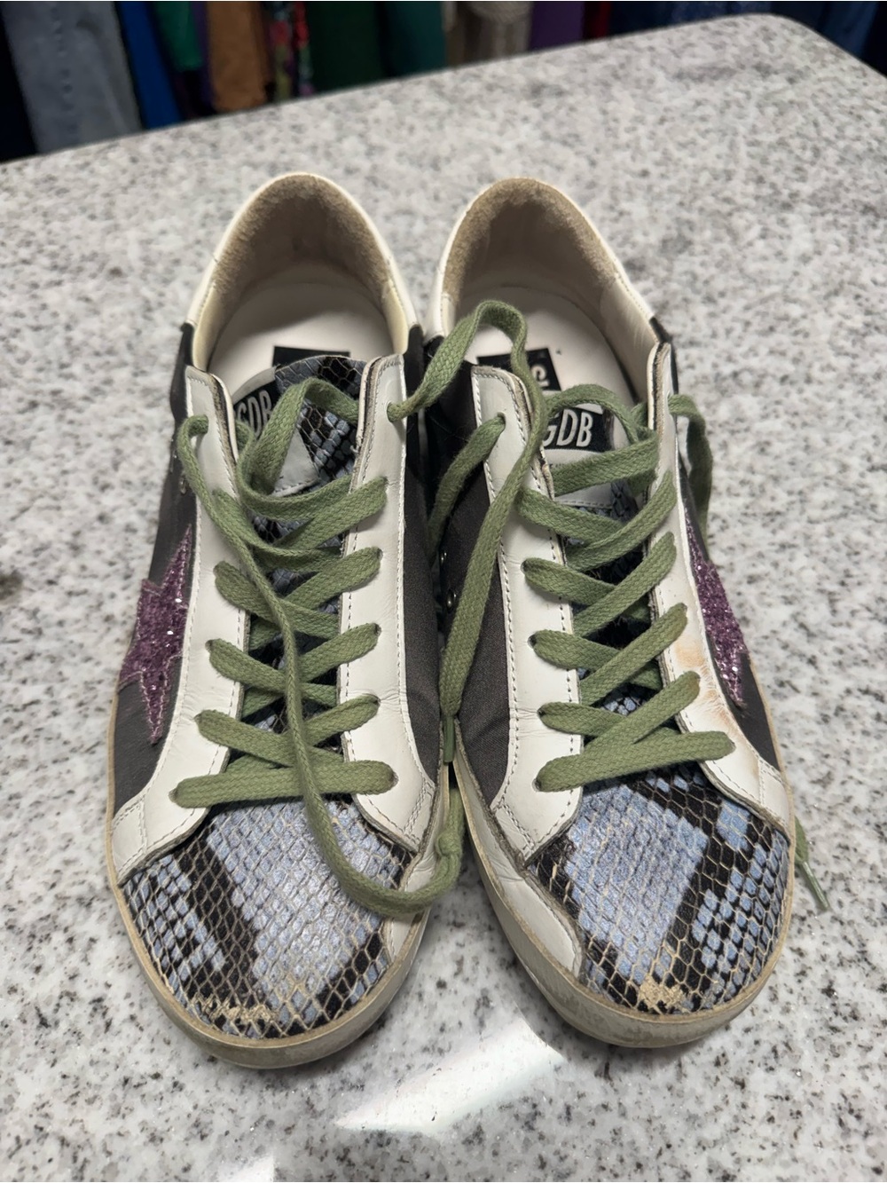 Golden Goose White Sneakers with Green Laces and Pink Glitter Star